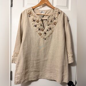 Chico's Beige Embroidered Linen Tunic Split Neck 3/4 Sleeves Size 2